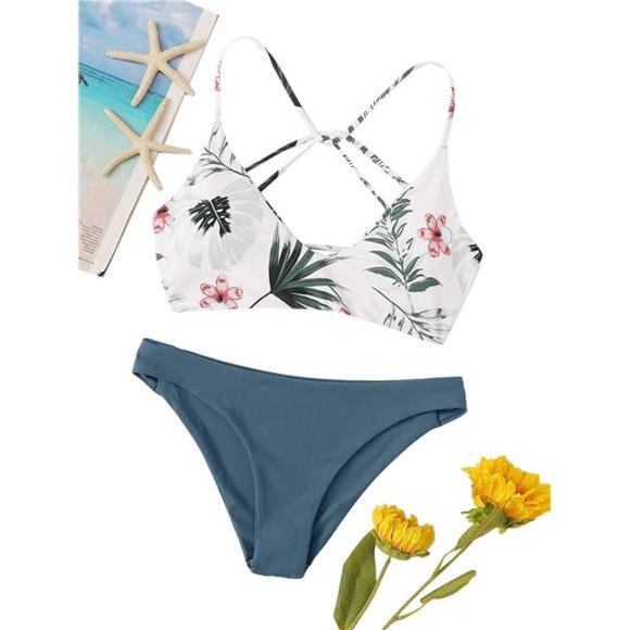 Women's Sexy Bathing Suit Floral Print Cross Back Bikini Set Swimsuits - Picture 2 of 6